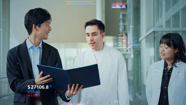 ロビーで会話する多国籍の人々と統計データイメージ