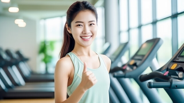 Asiatische Frau mit Daumen hoch. Fitness - Generiert mit KI 