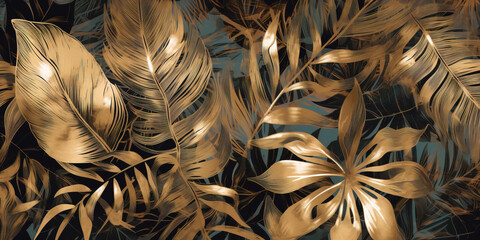 Lush tropical plants and graceful palm and monstera leaves background wallpaper pattern. Gold, black and gray colors. Generative AI illustration