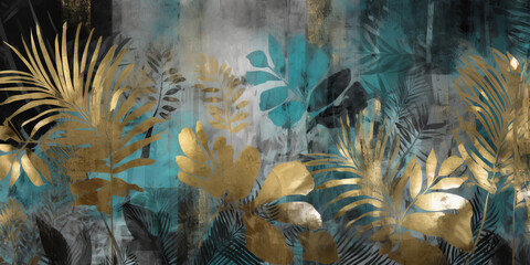 Lush tropical plants and graceful palm and monstera leaves background wallpaper pattern. Gold, black, teal and gray colors. Generative AI illustration - obrazy, fototapety, plakaty