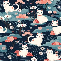 cats seamless pattern in style of traditional Japan