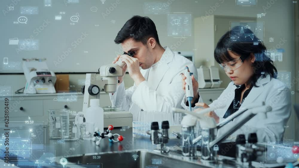 Aufkleber Researchers and digital data experimenting in the laboratory. Science technology.