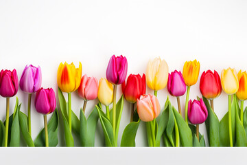 Colorful tulips flowers isolated on white background, fresh green leaves. Generative AI.