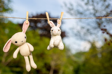 Toy bunnies hang on a rope after washing