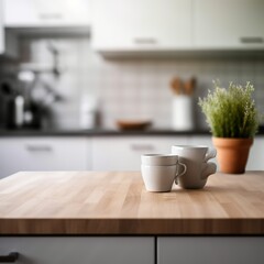 Fototapeta na wymiar Kitchen interior with wood table. Kitchen wooden table top and kitchen blur background interior style. Generative Ai.