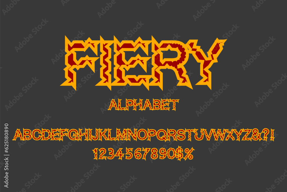 Poster fiery type font editable vector template. set of retro style font alphabet with numbers for print st
