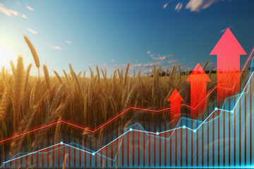 Shot of vast fields of grain with graphs and arrows going up.