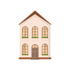 Urban architecture - a small European two-story house with windows, curtains and large windows. Flat illustration, vector illustration design template.