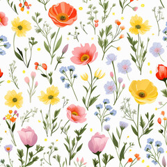 Obraz na płótnie Canvas Cute floral flowers on white background seamless pattern with generative AI technology