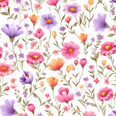 Fototapeta na wymiar Cute floral flowers on white background seamless pattern with generative AI technology