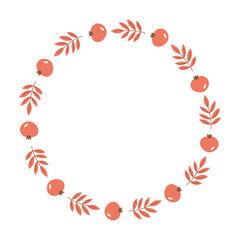 Autumn floral wreath.  Fall theme decoration. Round frame with plants, leaves, berries in red autumn color. Vector illustration on white background.