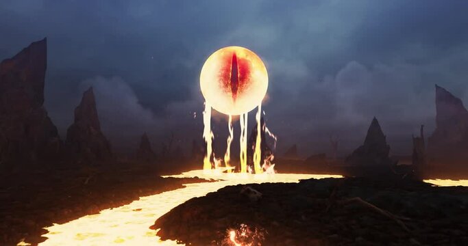 Fantasy Eye with lava waterfall. Hot tears, fire and burning grass. Mystical Mountainous area covered with ash and lava in smoke and fog. Cinematic Footage in 24 FPS Ultra HD 4K.