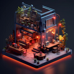 Great isometric 3D block of Bar Restaurant and Pub interior in vintage style with warm light