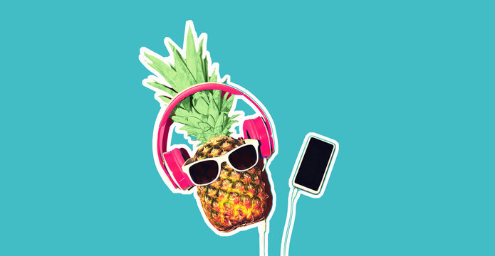 Colorful trendy image of stylish pineapple in wireless headphones listening to music with phone on blue background, magazine style