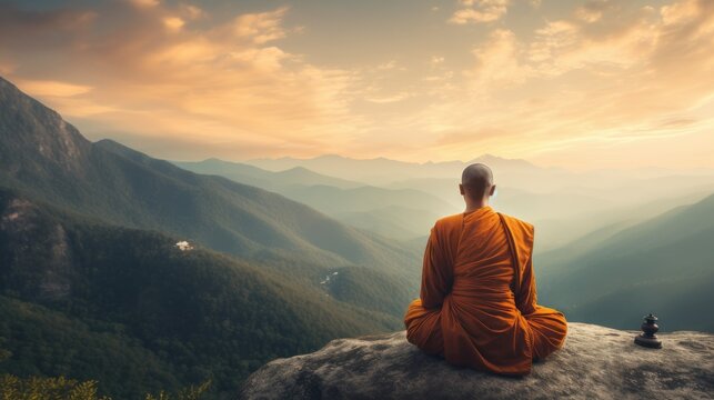 Monk Meditating on His Back on Top of the Mountain