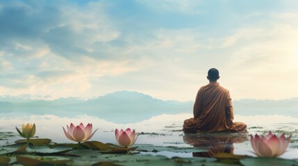 Monk Meditating on His Back on the Giant Lotus Lily - obrazy, fototapety, plakaty