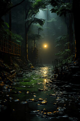 Fototapeta premium The dark jungle trail bathed in darkness and a creek. AI generative