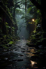 The dark jungle trail bathed in darkness and a creek. AI generative