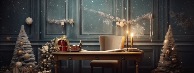 christmas background concept old wooden table with xmas decorative object ornament in cozy home interior concept ,ai generate