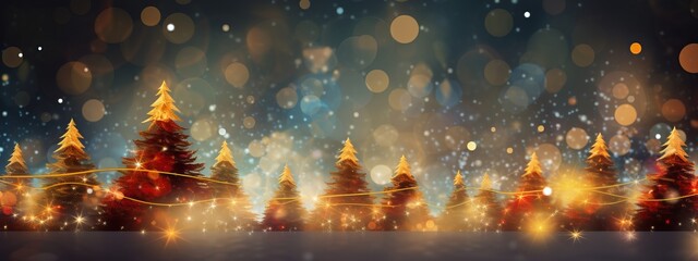 Naklejka premium Creative chrsitmas celebrate backgroundof snow bokeh pine tree forest glitter shiny light christmas tree with a bright shining snow flake background,ai generate