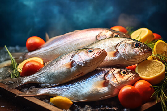 Fresh sea fish on ice with lemon on dark blue background. Healthy food concept. Close-up photography. Generative AI
