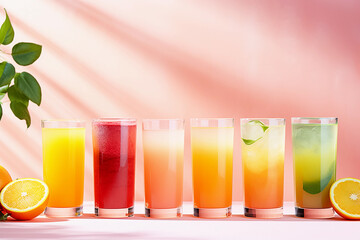 Fototapeta premium Variety of fresh fruit juices in glasses on pastel background with copy space. Generative AI