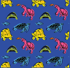 Colorful Fun Turtle Seamless Repeat Pattern with vector illustrations for fabric, wallpaper and textiles 