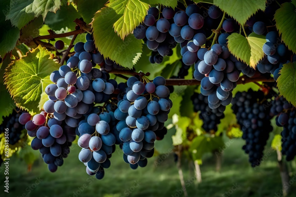 Poster a grapevine heavy with clusters of juicy grapes - ai generative