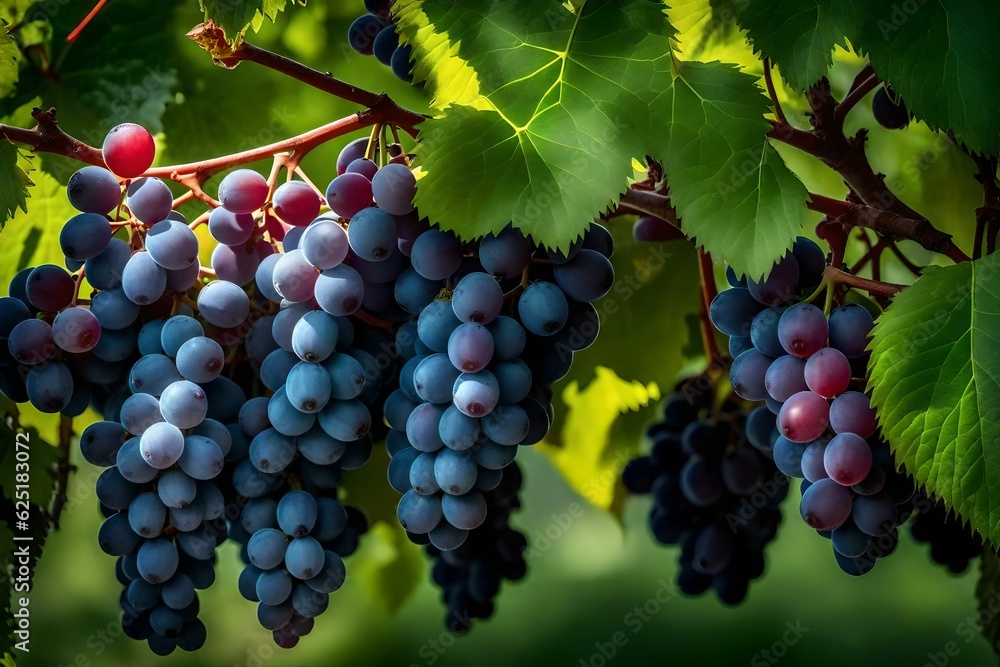 Poster a grapevine heavy with clusters of juicy grapes - ai generative