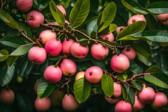 A guava tree displaying fragrant, pink guavas - AI Generative