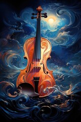 The image features a violin painting on a blue background. (Generative AI)