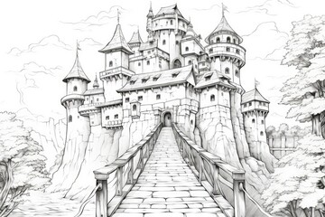 Obraz premium In the forest, there's a castle with a pathway. (Generative AI)