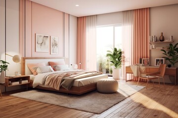 Modern chic interior design bedroom. Sleek design and comfortable bed with perfect fittings. Bright and cozy modern bedroom with dressing room