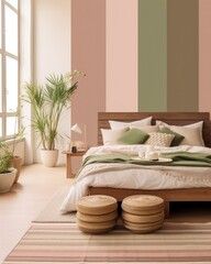 Modern chic interior design bedroom. Sleek design and comfortable bed with perfect fittings. Bright and cozy modern bedroom with dressing room
