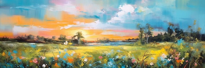 Abstract oil painting of  wild flower field with beautiful sky. Generative AI.