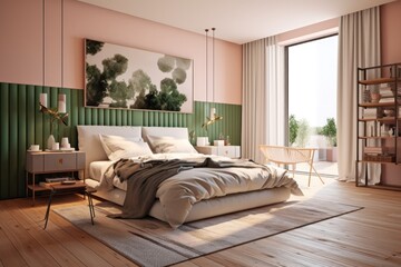Modern chic interior design bedroom. Sleek design and comfortable bed with perfect fittings. Bright and cozy modern bedroom with dressing room