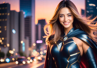 A beautiful woman is a superhero against background of city at sunset. Generative AI.