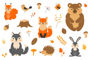 Vector illustration with cute forest animals in cartoon style. Squirrel, fox, wolf, bear, hedgehog, butterfly, bird. Twigs, cones, acorn, leaves, grass. Autumn in the forest.