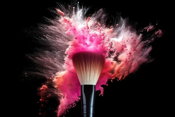 Cosmetic brush with pink and red powder splashes on a black background. Creative concept of make-up, decorative cosmetics. Generated by AI
