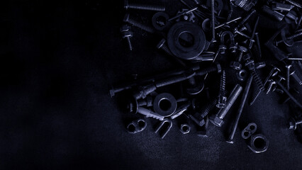 Metallic knot screw nuts and nail bolts on dark background, Nuts and Bolts background
