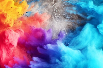 Abstract background with multicoloured powder splashes explosion. Creative concept of make-up, decorative cosmetics. Generated by AI