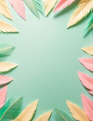 Fototapeta na wymiar Creative layout made of colorful feathers on pastel green background. Flat lay, top view, copy space. Generative AI