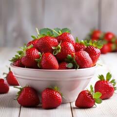 Heap of fresh strawberries in ceramic bowl on white background. Generative AI.
