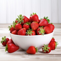 Heap of fresh strawberries in ceramic bowl on white background. Generative AI.