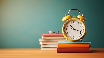 Retro yellow alarm clock and vision glasses stand on a stack of colored books on a wooden table on a blurred green school board background with copy space, back to school concept, promo banner