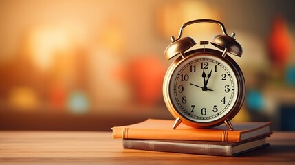 Golden alarm clock stands on top of a stack of books or notebooks on a wooden table on a blurred orange autumn background with space for text, back to school concept, promo banner