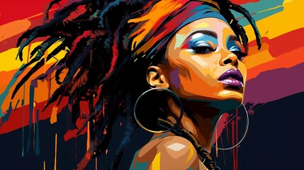 Beautiful ethnic African American woman with dark skin with bright makeup, large earrings and  huge hairstyle with colored dreadlocks. Vector pop art illustration close-up portrait on black background