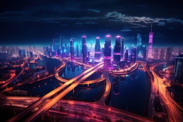 Fototapeta na wymiar Night Neon Cyberpunk City concept. Sci-Fi Futuristic City Concept. Cyberpunk. Landscape Neon Futuristic City. Futuristic City Skyscraper. Made With Generative AI. 