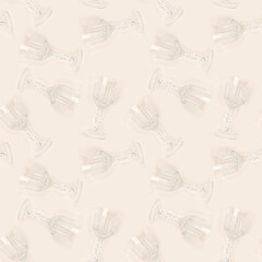 Seamless pattern made of vintage crystal glasses on a beige background. Creative backdrop.
