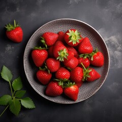 Top of view fresh strawberry on concrete board. Generative AI.